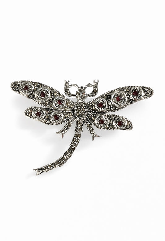 Vintage Garnet & Marcasite Dragonfly Sterling Pin