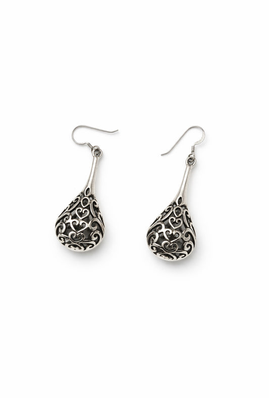 Sterling Silver Filigree Heart Drop Earrings