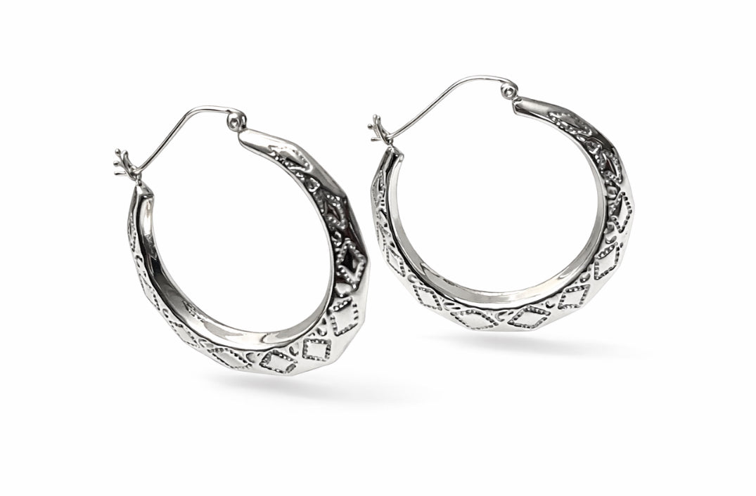 Diamond-Cut Etched Hoop Earrings